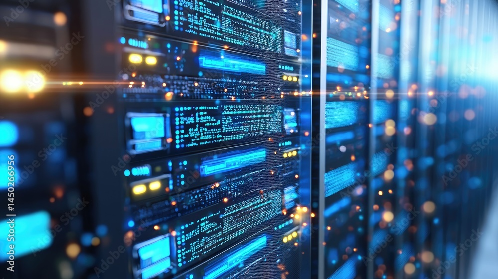 Poster server room with sparkling led panels and glowing tech in a cyber network style, great for showcasin