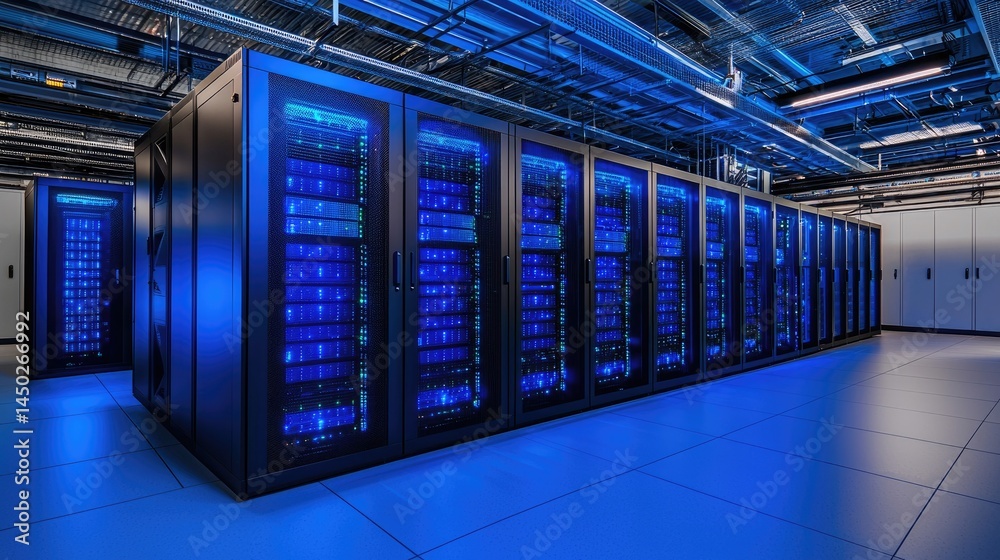 Leinwandbilder Centralized server cluster with extensive LED arrays and overhead cabling, ideal for infrastructure planning, IT security, and tech architecture visuals