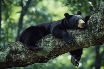 A Black Bear Relaxing Comfortably on a Tree Branch in a Lush Green Forest During a Peaceful Sunny Day