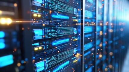 Naklejka premium Server room with sparkling LED panels and glowing tech in a cyber network style, great for showcasing big data, web services, and futuristic hosting