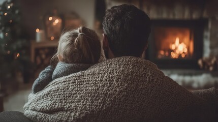 Warm family scene by the fireplace.
