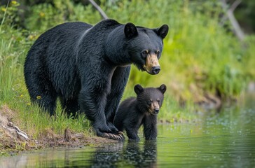 Fototapeta premium A Black Bear with Its Adorable Cub Near a Calm Water Edge Surrounded by Greenery in a Natural Habitat Setting