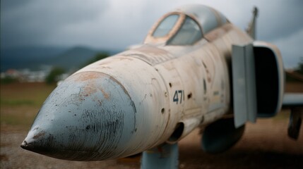 Fototapeta premium A weathered jet stands silently on a dirt field, a relic of the past against a moody, overcast sky, evoking a sense of nostalgia and history.