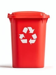 A vibrant red recycling bin with a prominent white recycling symbol, isolated against a stark white backdrop