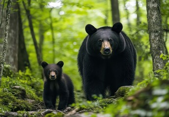 Obraz premium A Majestic Black Bear and Her Cub Wander Through a Verdant Forest in Search of Food and Adventure Amidst Lush Green Foliage and Tranquil Surroundings