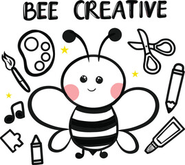 set of funny cartoon bee, be ceative, cute doodle, 