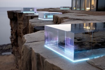 Modern transparent cubes illuminate the edge of a rugged cliff, merging cutting-edge design with natural elements, evoking a sense of wonder and exploration of new boundaries.
