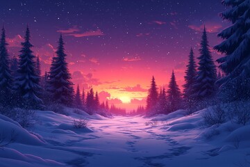 Winter sunset in snowy forest, peaceful scene