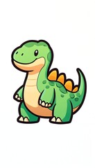 Adorable cartoon green dinosaur with orange spines, standing upright, smiling