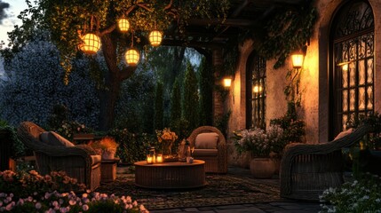 Summer evening terrace with wicker furniture and warm lighting