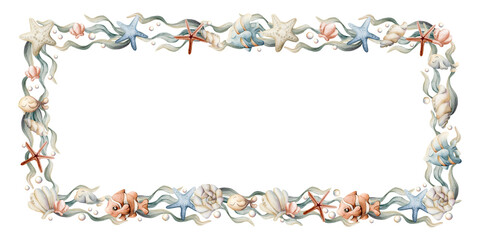 Sea Fishes Shell Starfish Seaweed Frame. Cute ocean marine animals and plants. Watercolor summer isolated illustration