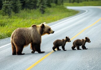Obraz premium A mother bear and her two cubs crossing a quiet road in a lush green landscape under clear skies, showcasing the beauty of wildlife in nature.