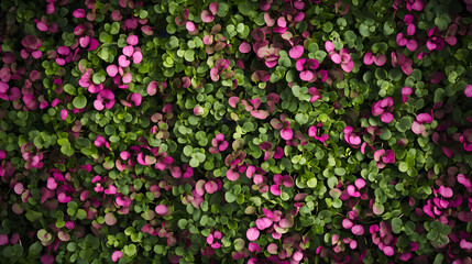 Fototapeta premium Vibrant green and pink foliage create a lush, colorful ground cover, evoking a sense of nature's beauty and tranquility.