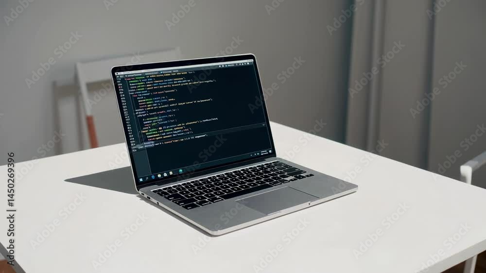 Aufkleber Sleek laptop displaying programming code resting on white table within contemporary office environment, highlighting professional digital workspace for tech innovation