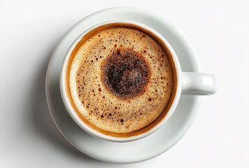 A top-view image of a cup of coffee on a saucer against a white background.