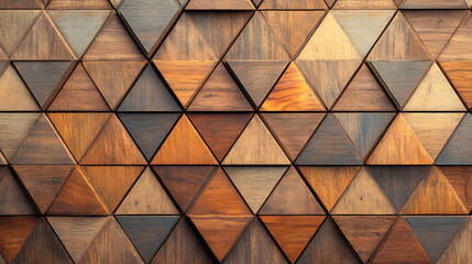 Obraz premium A close-up of a beautifully arranged wooden wall featuring triangular patterns in rich brown tones.