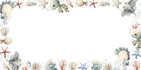 Sea Animal Plant Frame. Cute seahorse stingray turtle fish shell starfish seaweed coral. Watercolor summer illustration