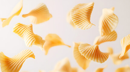 A dynamic capture of golden potato chips elegantly swirling in mid-air, showcasing their unique wave shape.