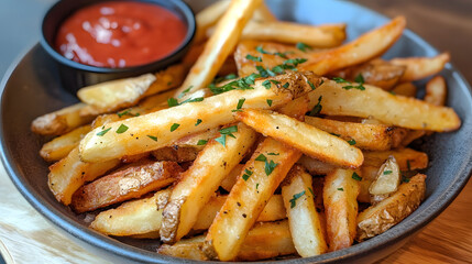 A delectable serving of golden French fries garnished with parsley, accompanied by a side of ketchup.