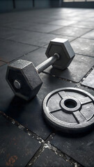 dumbbell and weight plate on gym floor