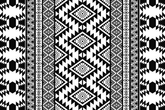 Ancient echoes Aztec geometric seamless patterns southwest Navajo Native American tribal ethnic black and white for textile printing