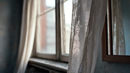 Sunlight filters through delicate curtains, casting soft shadows in a serene room, hinting at a peaceful morning atmosphere.