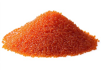 A pile of bright red caviar on a white background.