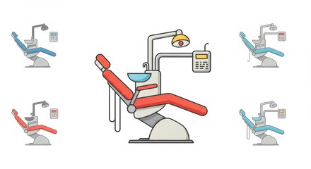 Dental office equipment showcasing multiple chair designs for dental treatment