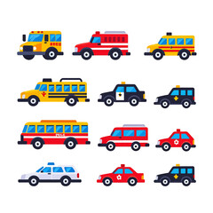 Naklejka premium Cartoon Emergency Vehicles_ Police Car, Fire Truck, Ambulance, School Bus, Vector Illustration