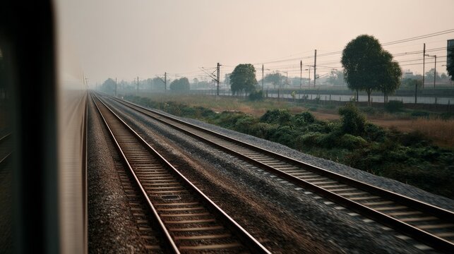 Two train tracks run parallel into the distance amidst a misty landscape, symbolizing journey, exploration, and the passage of time.