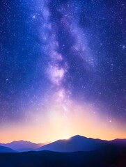Majestic Milky Way arching over a silhouetted mountain range at sunset, with vibrant purple and orange hues in the sky