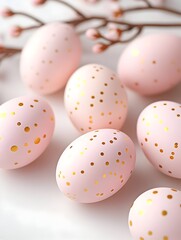 Obraz premium Pink Easter eggs with gold polka dots on a white surface