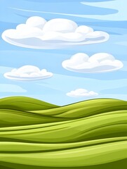 Obraz premium Rolling green hills under a bright blue sky with fluffy white clouds