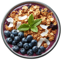 Delicious healthy acai bowl with granola blueberries and coconut flakes food photography top view for breakfast or snack on transparent background