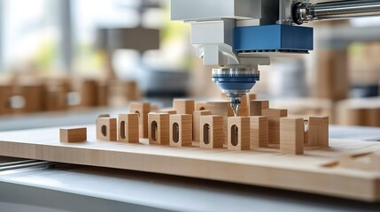 A CNC machine tool hovering over wooden blocks with holes on a metal work surface.