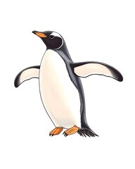 Fototapeta premium A black and white penguin with orange feet stands on a white background, wings outstretched