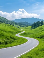 Naklejka premium Winding asphalt road through lush green hills and valleys under a vibrant blue sky