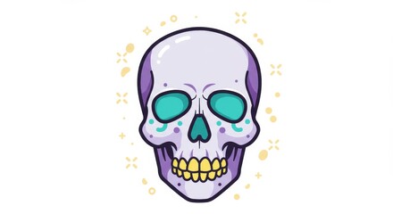 Whimsical sugar skull with vibrant turquoise eyes and golden grin illustration