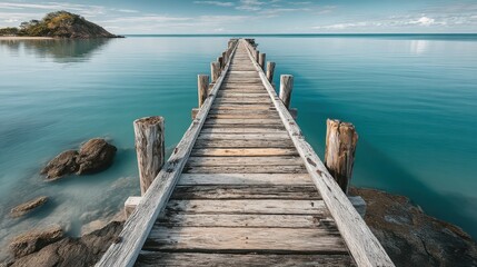 Serene Wooden Pier Extending to Tranquil Ocean Island