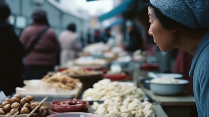 Fototapeta premium A focused vendor offers a variety of foods at a bustling market, surrounded by vibrant colors and diverse cultural influences.