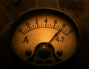 Classic analog ammeter needle pointing at 4.7 amps, presented in warm golden tones with vintage textures, symbolizing precision, energy flow, and engineering history.