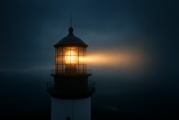Lighthouse emits a bright beam through dense fog over the ocean, serving as a guiding signal for ships during a moody and dark evening at sea.