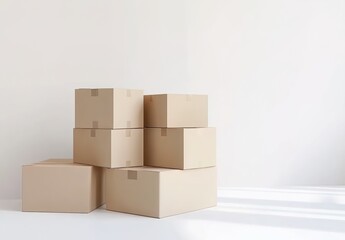 Obraz premium A pile of brown cardboard boxes in a room with light casting shadows on white walls.