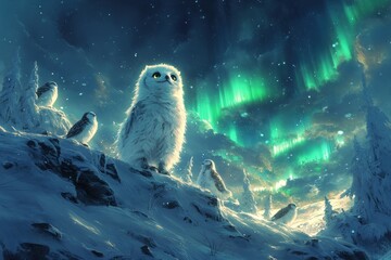 Obraz premium Snowy owl, arctic birds, aurora borealis, night scene, winter fantasy