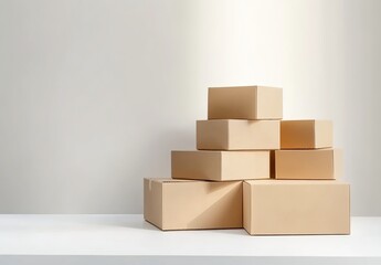Fototapeta premium A pile of brown cardboard boxes in a room with light casting shadows on white walls.