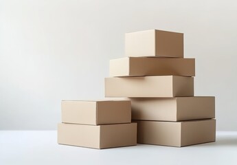 Obraz premium A pile of brown cardboard boxes in a room with light casting shadows on white walls.