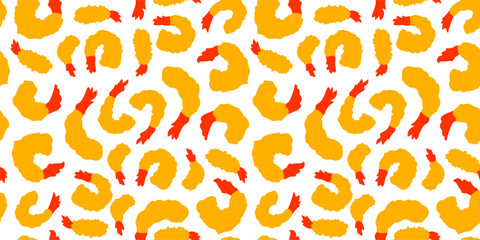 Tempura Shrimp Pattern background. Fried Shrimp Seamless pattern Background. Seafood Pattern Design. Crunchy Tempura Pattern.