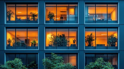 Modern office building facade at dusk, showcasing illuminated interior spaces.