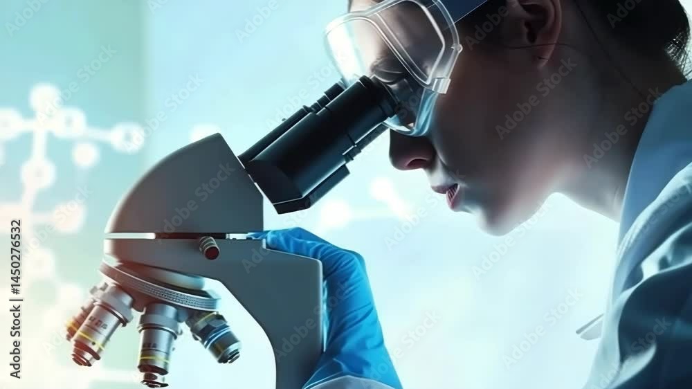 Poster a scientist wearing safety goggles and blue gloves meticulously examines a sample using a microscope