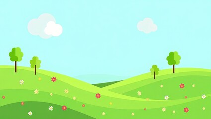 Obraz premium Cartoon landscape with green hills and flowers
